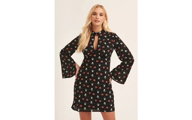 Black Rose Print Flared Sleeve Mini Dress - Black Uk 8 Us 4 Eu 36