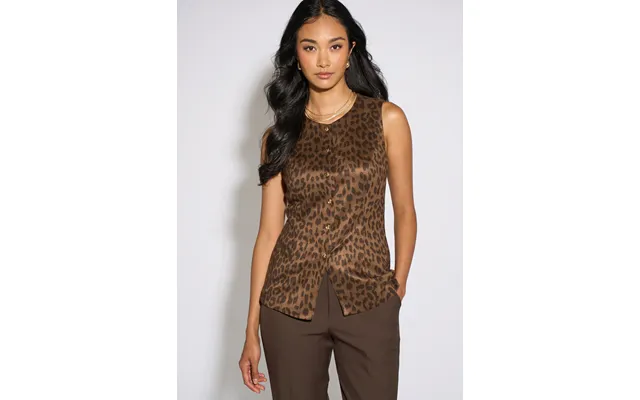 Brown Animal Print Button Waistcoat Top - Uk 8 Us 4 Eu 36