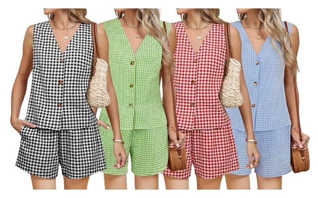Plaid Linen Co-ord Shorts & Vest Set - 4 Colours, 4 Sizes product image