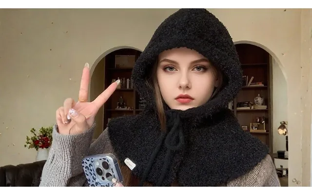 Plush Drawstring Hooded Scarf - 5 Colours product image