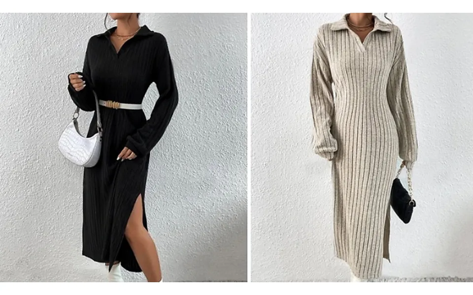 Ribbed Collared Midi Dress With Side Slit - 2 Colours, 4 Sizes