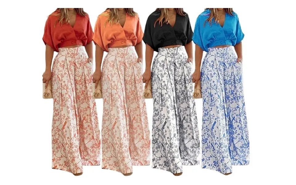 V-neck Shirt & Wide-leg Printed Trouser Set - 4 Colours & 6 Sizes