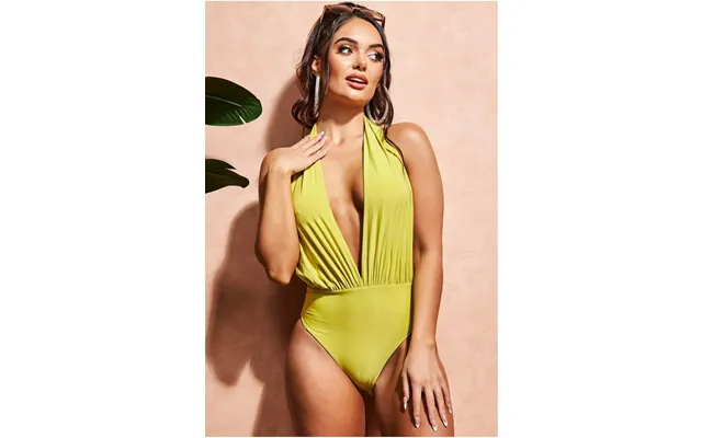 Deep Plunge Halter Neck Swimsuit - Lime Green By Goddiva