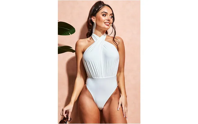 Deep Plunge Halter Neck Swimsuit - White By Goddiva