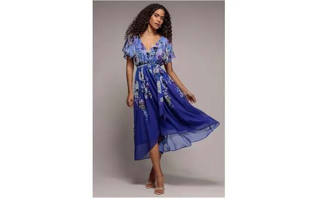 Flutter Sleeve A-line Chiffon Floral Printed Midi Dress - Royal Blue By Goddiva