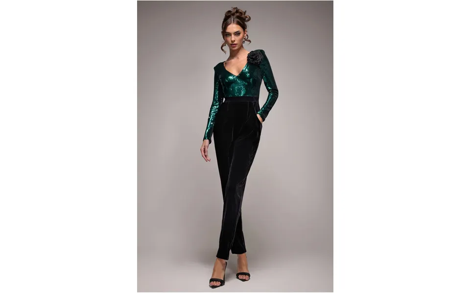 Liquid Sequin Jumpsuit With Corsage - Emerald Green By Goddiva