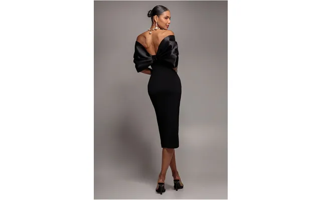Off Shoulder Back Satin Bow Wrap Crepe Midi Dress - Black By Goddiva