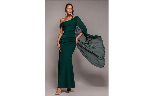 One Shoulder Cape Scuba & Chiffon Maxi Dress - Emerald Green By Goddiva