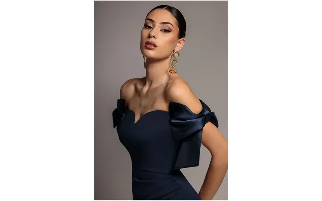 Satin Bow Bardot Sheath Maxi Dress - Navy Blue By Goddiva