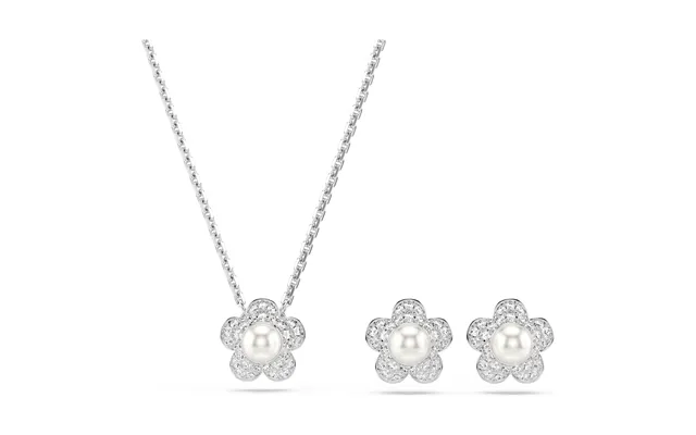 Ariana Grande X Swarovski Flower Necklace & Earrings Set With Round-cuts & Pearl In Rhodium Silver