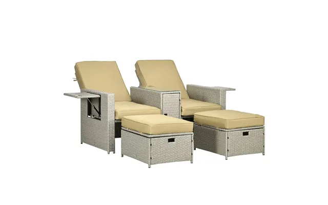 Adjustable Rattan Sun Lounger Set, 5-position, Storage Tea Table & Footstools - Beige product image