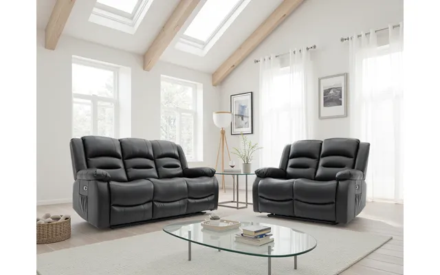 Alva Electric Recliner 3 2 Sofa Set, Graphite Faux Leather, Usb Charging - Black