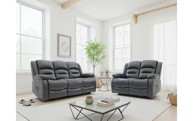 Alva Electric Recliner 3 2 Sofa Set, Graphite Faux Leather, Usb Charging - Grey