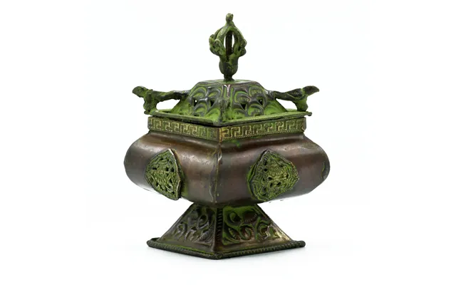 Brass Verdigris Tibetan Burner - Four Symbols Square Standing Pot