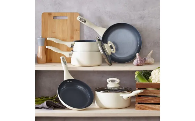 Cermalon Cream 5 Piece Cookware Set - Complete Pan Set With Tempered Glass Lids And Non-stick Coating