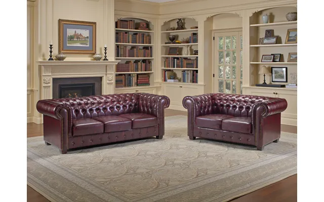 Classic Chesterfield Oxblood Red 3 2 Sofa Set Elegant Tufted Faux Leather Design - Oxblood Red