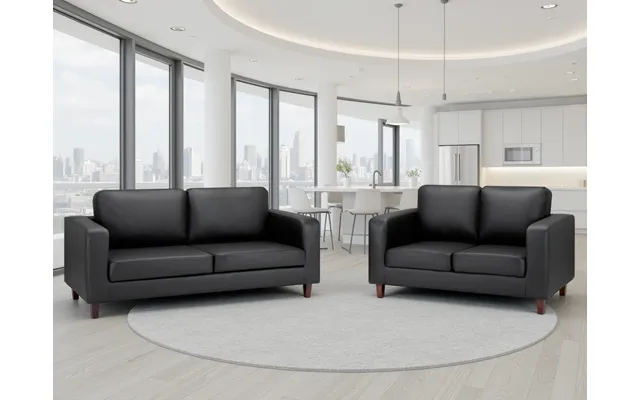 Compact Black Faux Leather 3 2 Sofa Set Modern 'sofa In A Box' Design - Black
