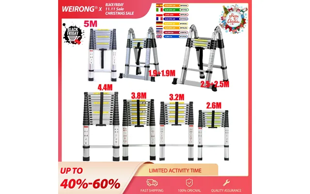 Dayplus 2.6m-5m Telescopic Ladder Sturdy Aluminum Telescoping Extension Ladder 330lb Max Load En131 For Household Outdoo