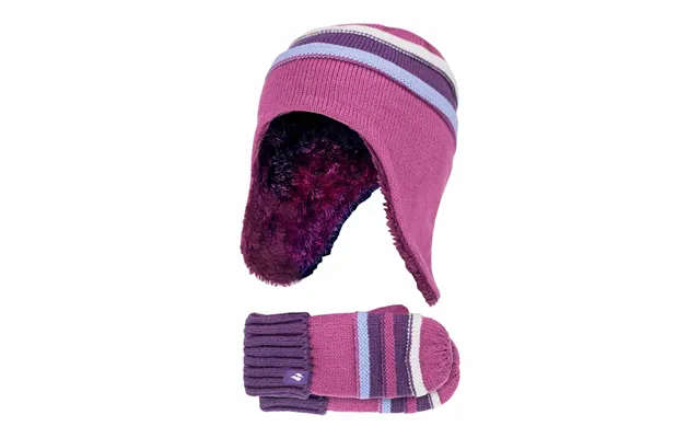 Girls Winter Thermal Beanie Hat With Ear Flaps & Mittens Gloves Set - 3-6 Years Red Violet product image