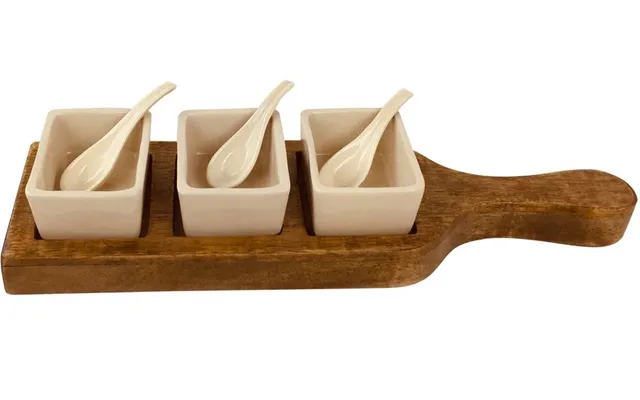 Handcrafted Wooden Tray Set Dip Bowls & Spoons, Rustic Design - 36cm