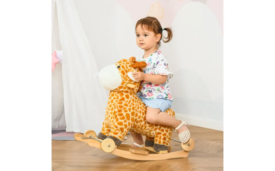 Homcom 2 In 1 Kids Todder Rocking Horse Plush Ride On Giraffe Rocker With Wheels Wooden Base Animal Sounds For 3-6 Years