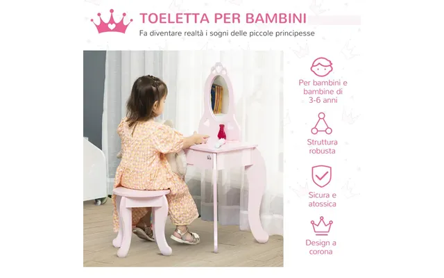 Homcom Kids Vanity Table & Stool Girls Dressing Set Make Up Desk Chair Dresser Play Set With Mirror Pink