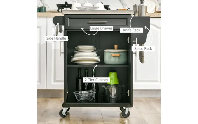 Homcom Wooden Kitchen Island On Wheels - Serving Cart Storage Trolley With Stainless Steel Top