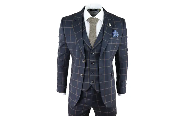 Kempson - Men's Herringbone Tweed Navy Check 3 Piece Wool Suit