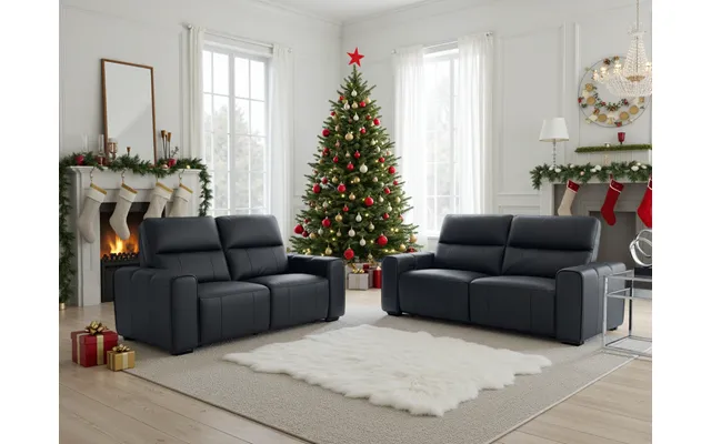 Luxurious Bellagio Black Genuine Leather Electric Recliner Sofa 3 2 Set - Black