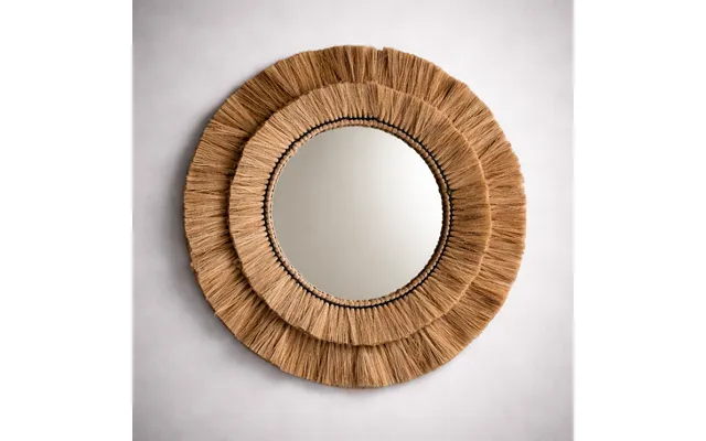 Natural Raffia Coastal Fringe Wall Round Mirror - Boho