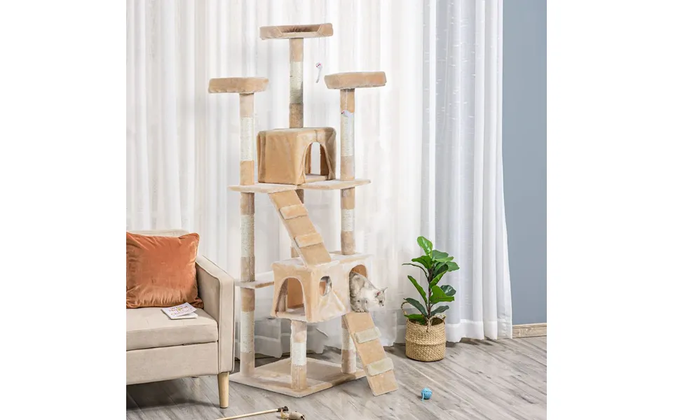 Pawhut Cat Tree For Indoor Cats, 170cm Cat Tower Scratching Post Tall Climbing Tower, Activity Centre House - Cream