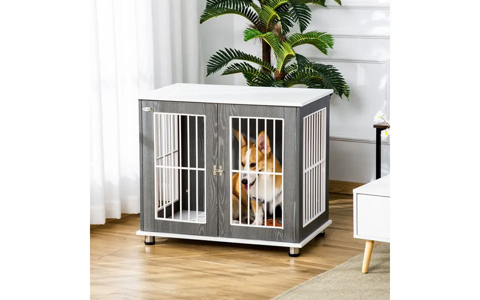 Pawhut Dog Crate Wooden Pet Kennel Cage End Table W Lockable Door For Small Medium Dog Grey & White 85 X 55 X 75 Cm