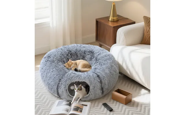 Pawhut Donut Play Tunnel Bed With Washable Cushion And Toy Ball - Light Grey