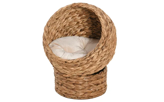 Pawhut Elevated Kitten Hooded Rattan Cat House Basket Cushion - 52x42x60cm Brown