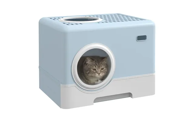Pawhut Enclosed Cat Litter Tray - Blue, Front Entry, Top Exit, Scoop