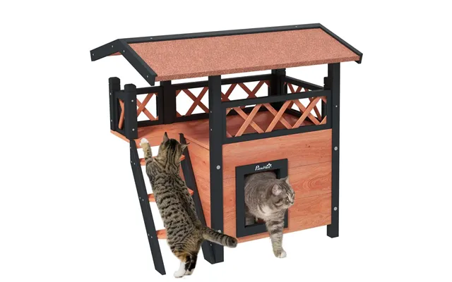Pawhut Outdoor Cat House With Balcony Stairs Roof Brown