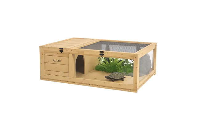 Pawhut Tortoise House W Mesh Roof, Small Pet Reptile Wooden House - Yellow