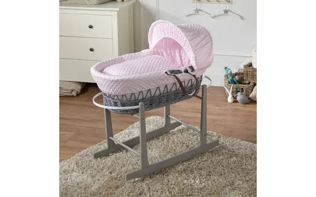 Pink Dimple Grey Wicker Baby Moses Basket With Stand