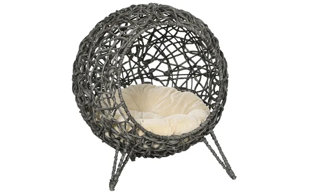 Rattan Elevated Cat House Kitten Bed Pet Furniture W Cushion Grey