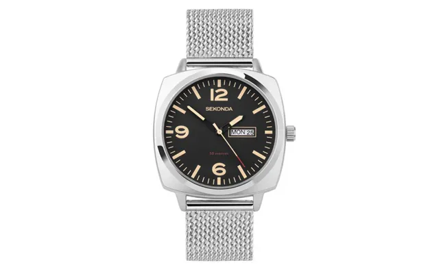 Sekonda Mens Airborne Day Date Black Dial With Stainless Steel Silver Mesh Bracelet Watch 30101