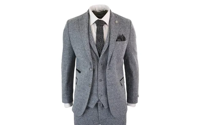 Stz11 - Men's Light Grey 3 Piece Tweed Suit Herringbone Wool