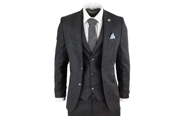 Stz14 - Men's Wool 3 Piece Suit Tweed Charcoal Black Classic