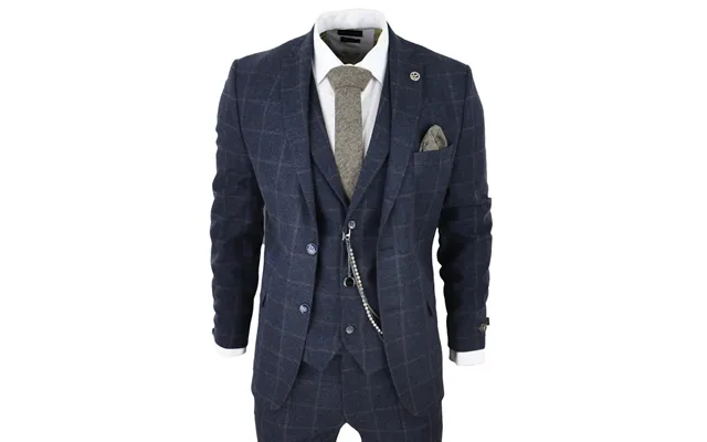 Stz72 - Men's 3 Piece Suit Wool Tweed Navy Blue Brown Check 1920s Gatsby Formal Dress Suits