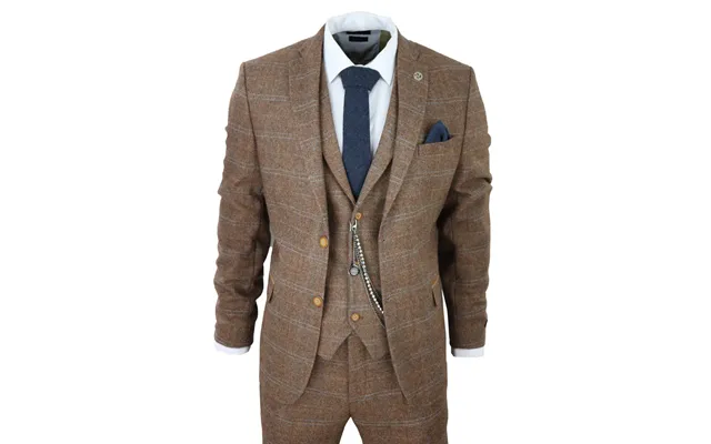 Stz73 - Men's 3 Piece Suit Wool Tweed Herringbone Tan Brown Blue Check 1920s Gatsby Formal Dress Suits