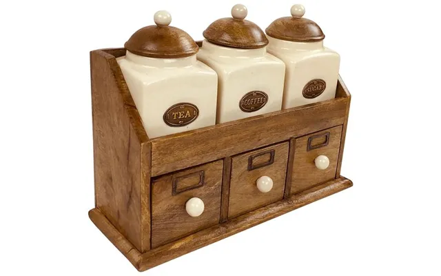 Three Ceramic Jars With Wooden Drawers