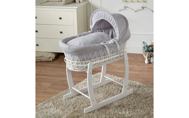 Wicker Baby Moses Basket With Stand - White Waffle Grey