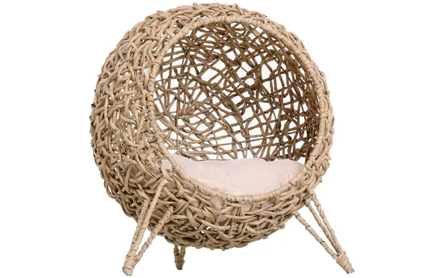 Wicker Cat House, Ball-shaped Rattan Raised Cat Bed - Natural Wood Finish