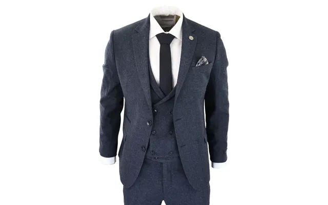 Ws25 - Men's 3 Piece Tweed Suit Blue Double Breasted Waistcoat
