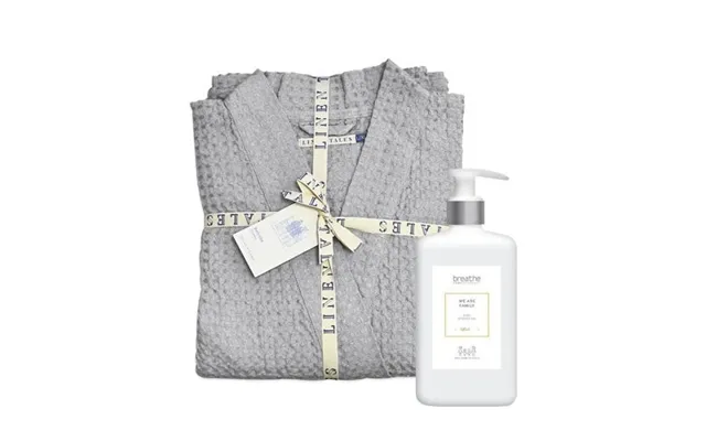 Klipshop Gift Set Linen Tales Light Grey Linen & Cotton Honeycomb Waffle Bathrobe Breathe Shower Gel L-xl