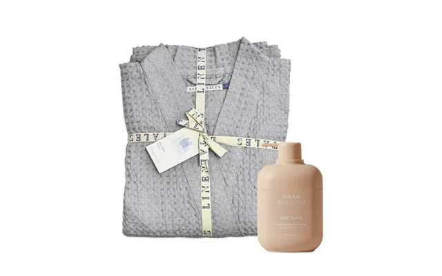 Klipshop Gift Set Linen Tales Light Grey Linen & Cotton Honeycomb Waffle Bathrobe Haan Body Lotion S-m